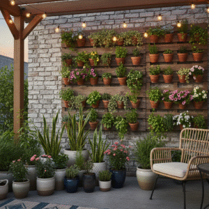 Jardim para pátio pequeno com vasos e plantas em jardim vertical.