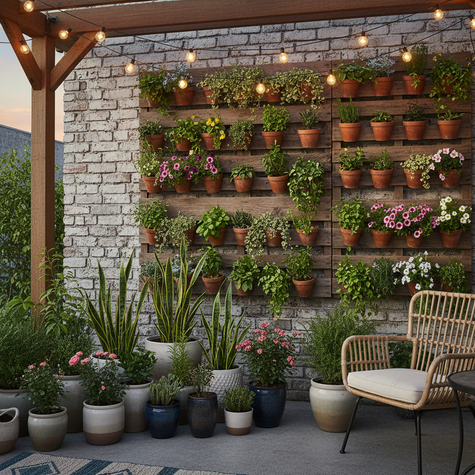 Jardim para pátio pequeno com vasos e plantas em jardim vertical.
